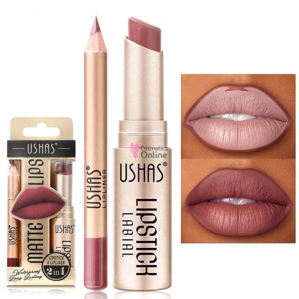 Ruj solid pentru buze 2 in1 USHAS GOLD Long Lasting Matte & LipLiner Cod 10B Garnet